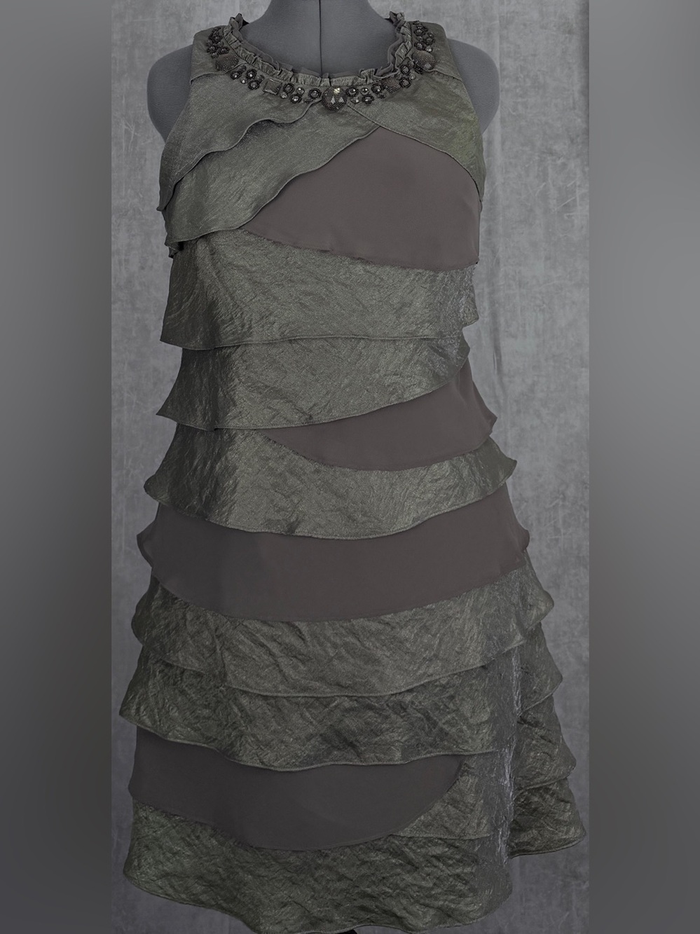 SL Fashions Womens Tiered Cocktail Dress Green Tan Sz 12 Jeweled Neckline